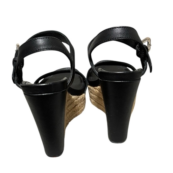 PRADA - SIZE 36EU / 6 US - BLACK LEATHER PLATFORM WEDGE ANKLE SANDALS - S6 - Picture 7 of 14